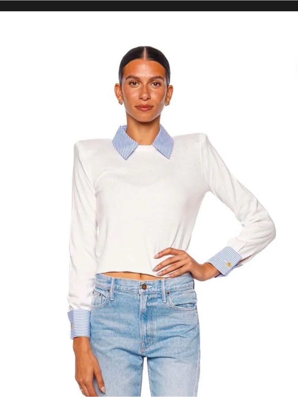 L'Agence Cropped White Long-Sleeve Top with Blue Striped Collar
